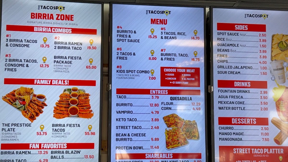 The Taco Spot - Mockingbird menu board
