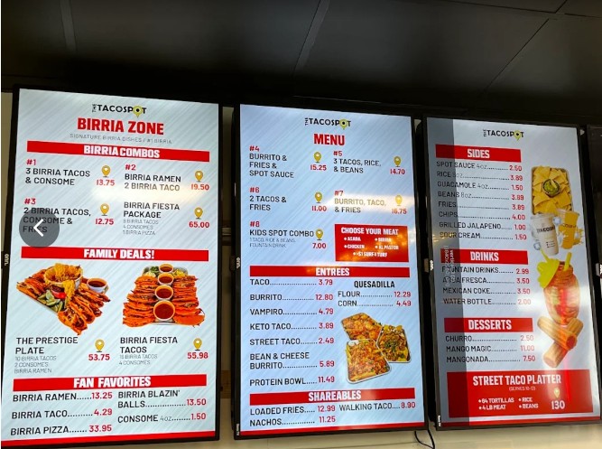 The Taco Spot - Mockingbird menu board