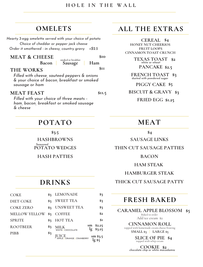 Hole in the Wall menu board