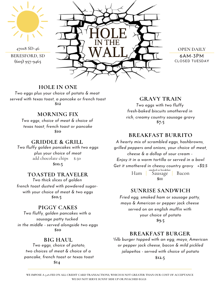 Hole in the Wall menu board