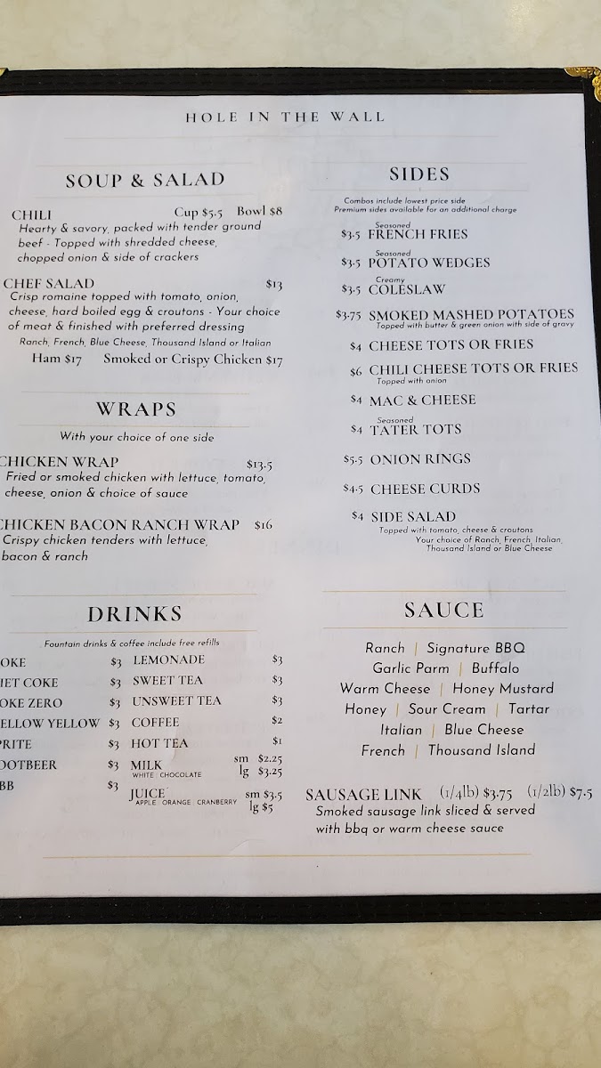 Hole in the Wall menu board