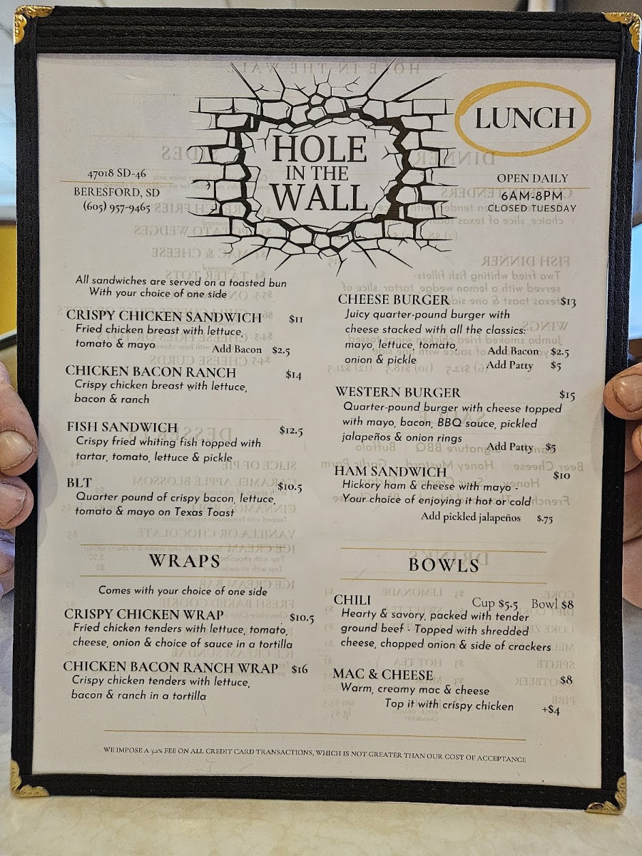 Hole in the Wall menu board