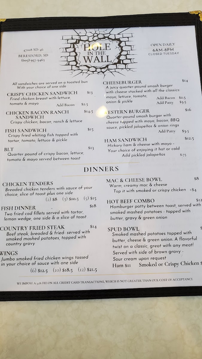 Hole in the Wall menu board