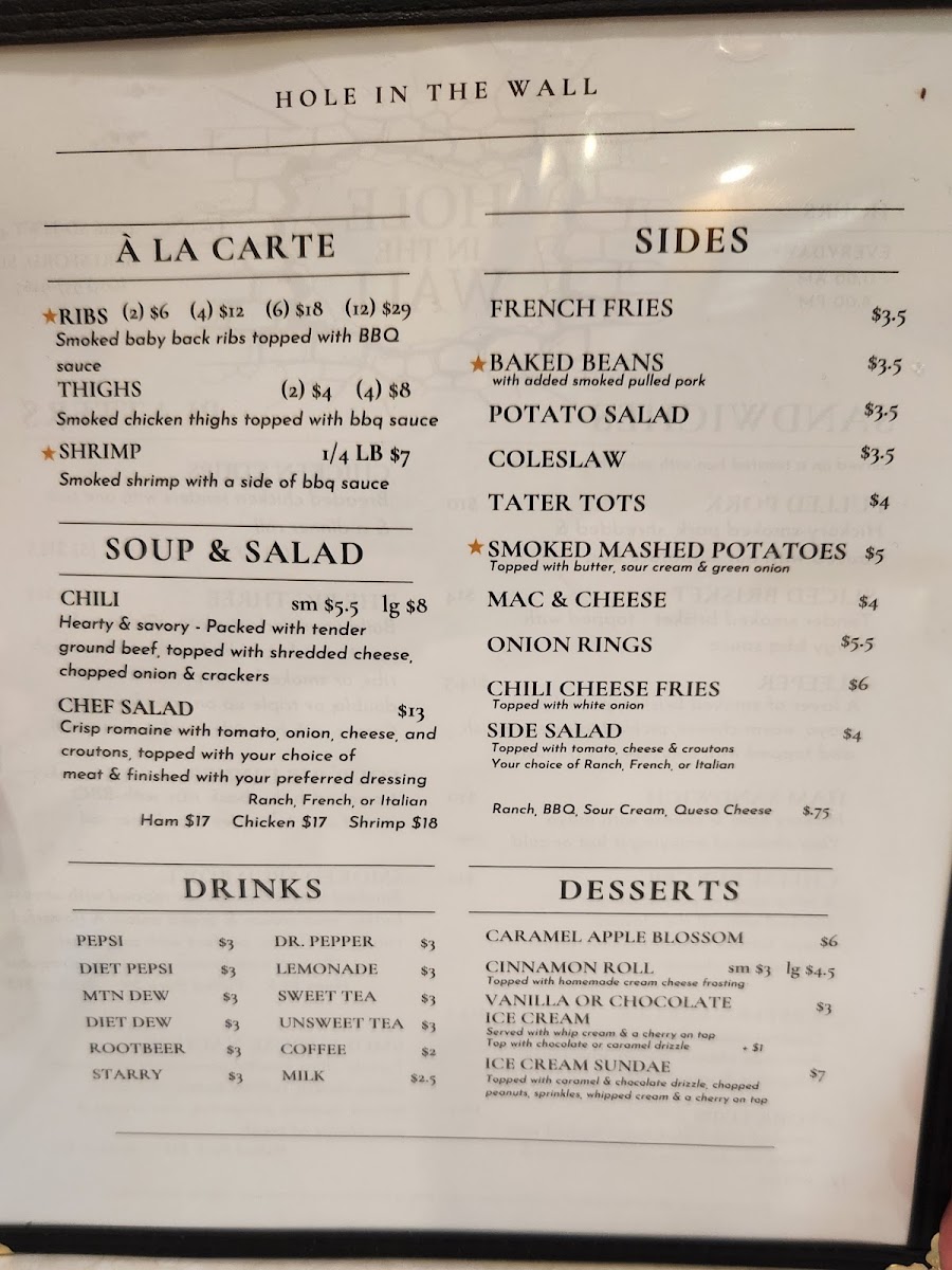 Hole in the Wall menu board