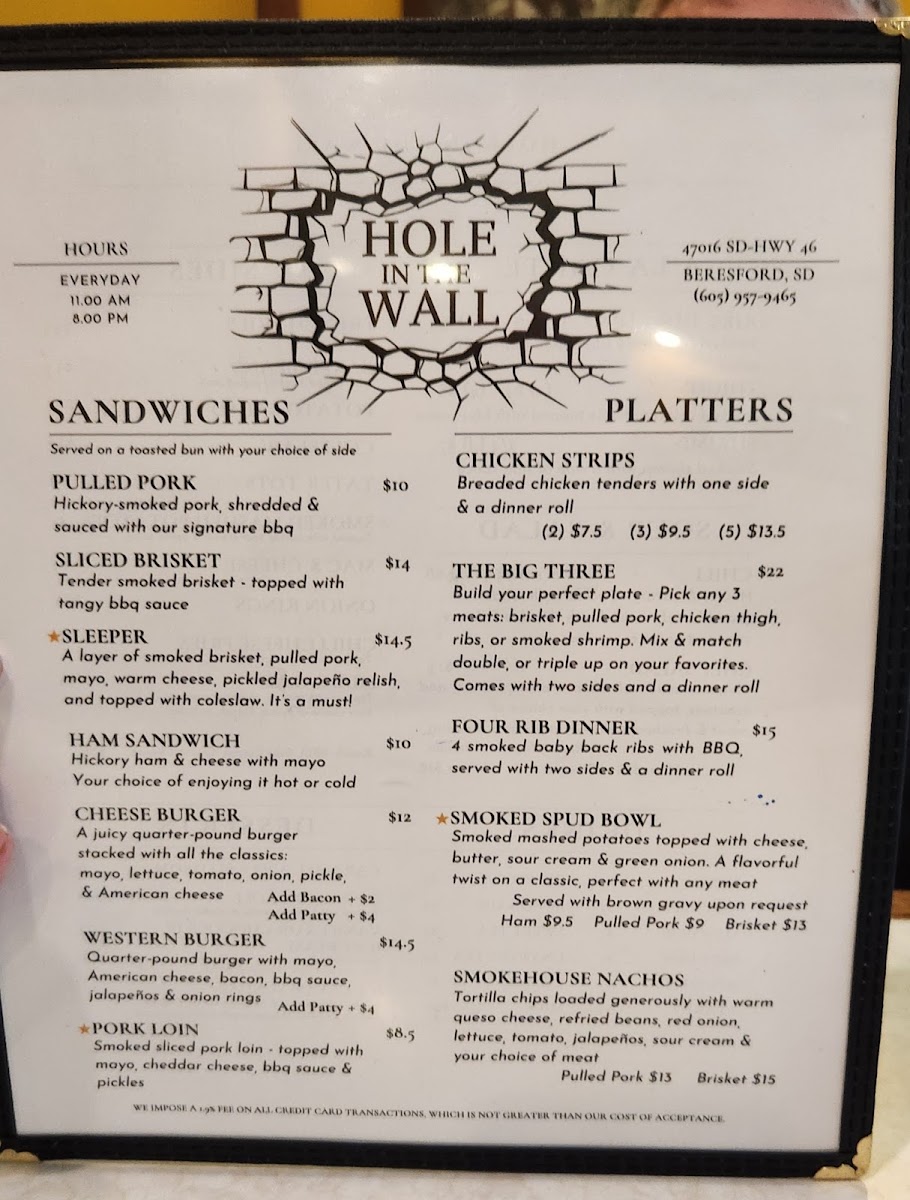 Hole in the Wall menu board