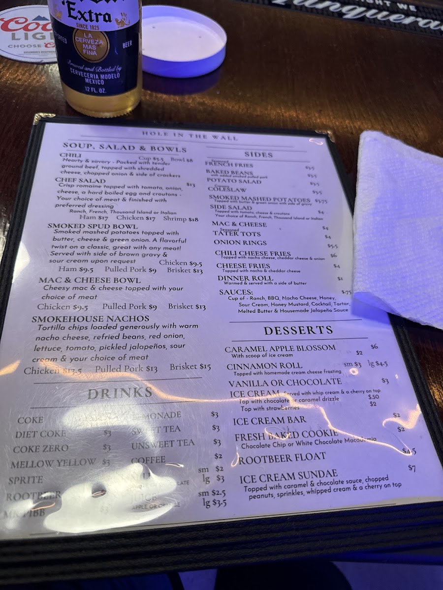 Hole in the Wall menu board