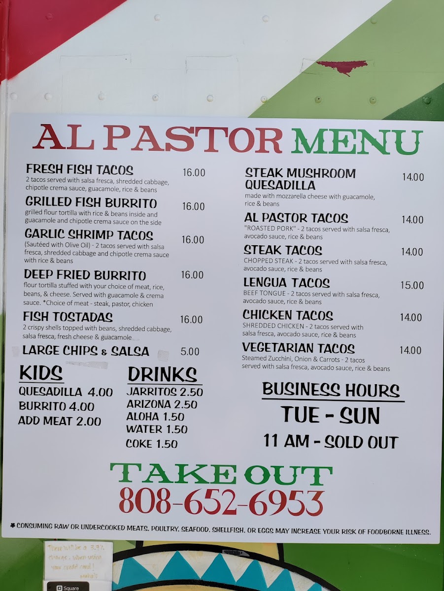 Al Pastor Tacos menu board