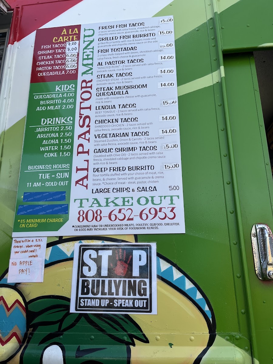 Al Pastor Tacos menu board