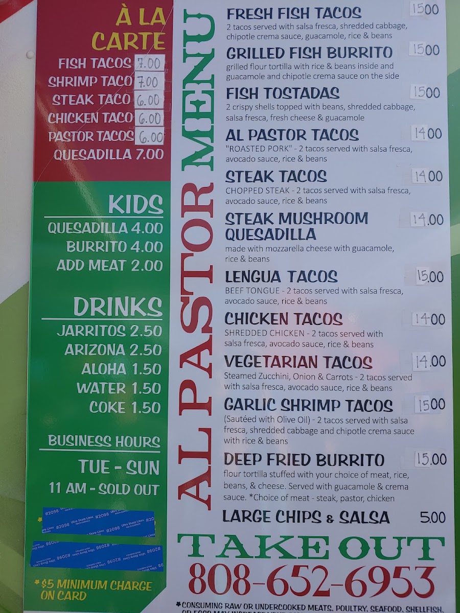 Al Pastor Tacos menu board