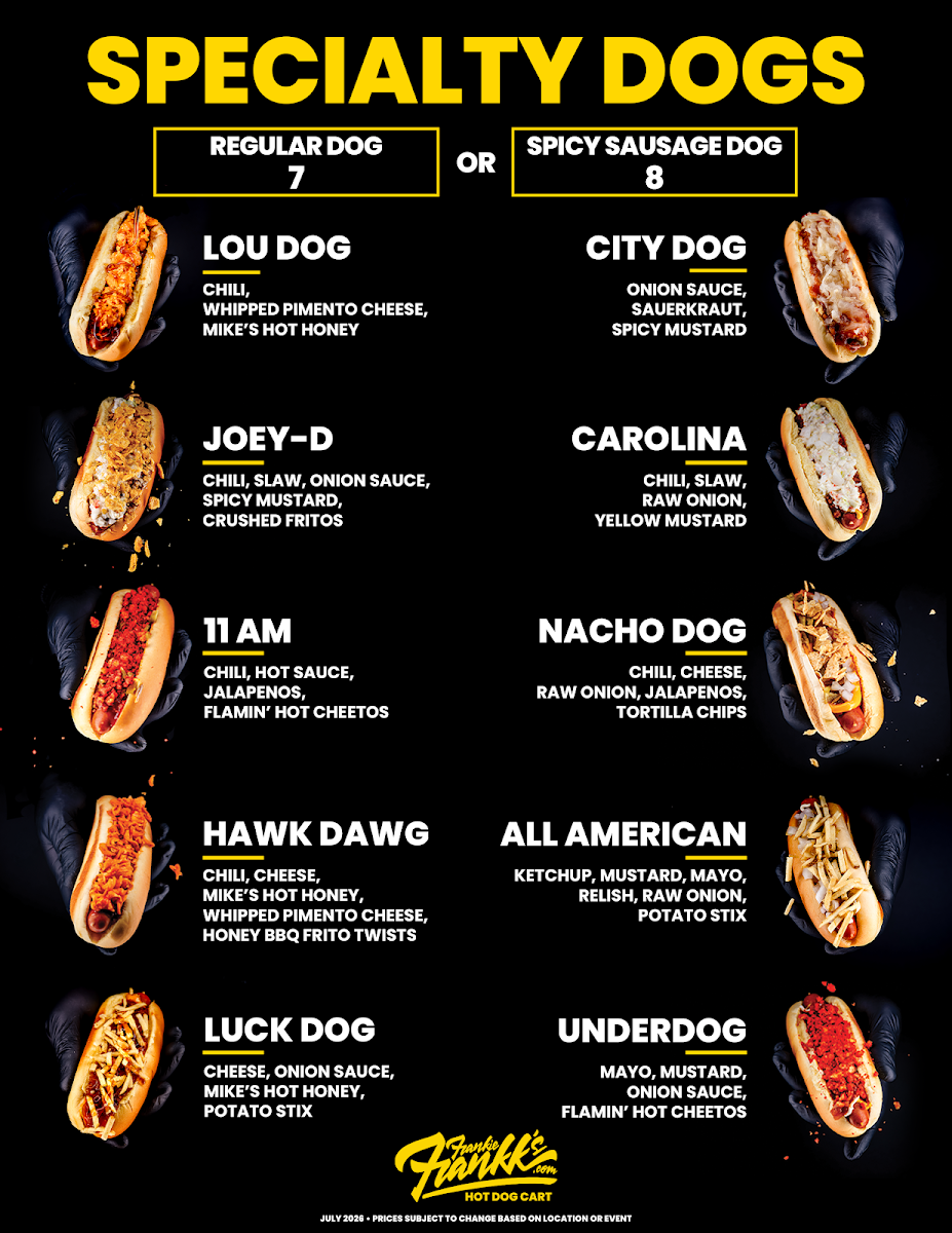 Frankie Frankk's Hot Dog Cart menu board