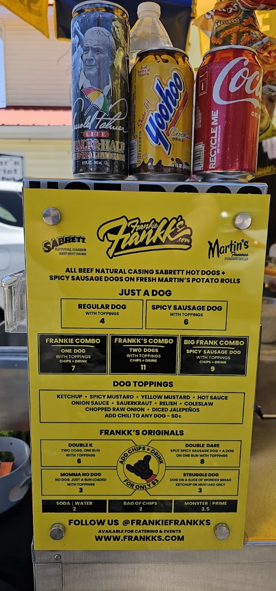 Frankie Frankk's Hot Dog Cart menu board