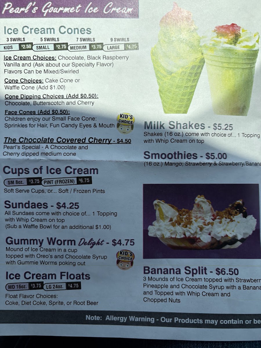 Pearl's Parkview Cafe menu board