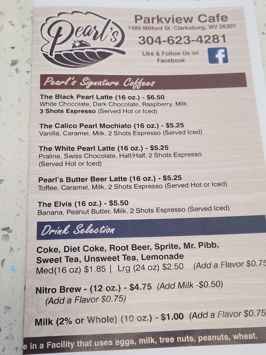 Pearl's Parkview Cafe menu board
