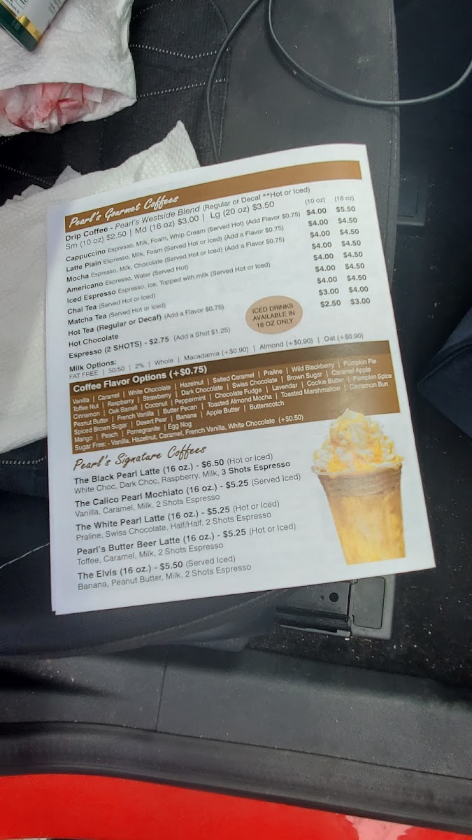 Pearl's Parkview Cafe menu board