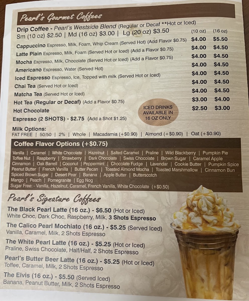 Pearl's Parkview Cafe menu board