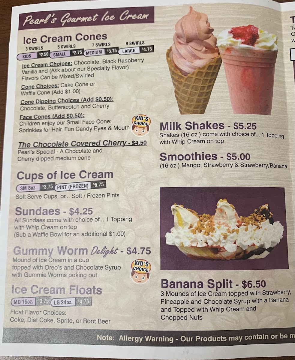 Pearl's Parkview Cafe menu board