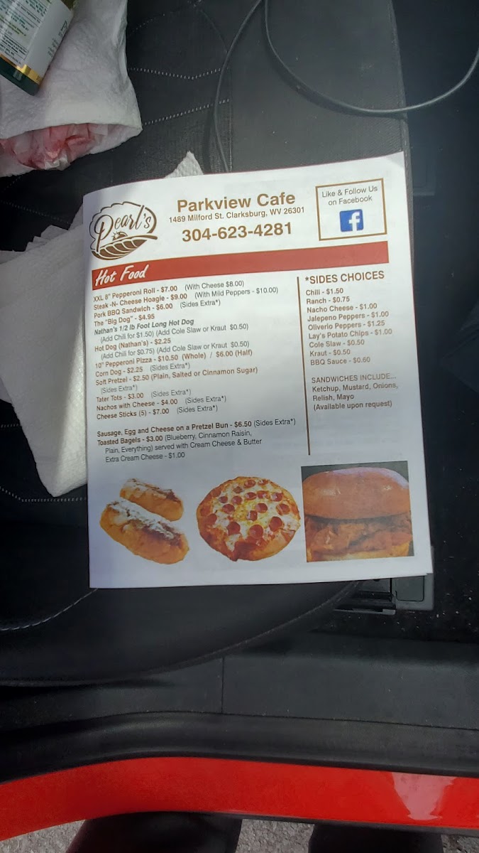 Pearl's Parkview Cafe menu board