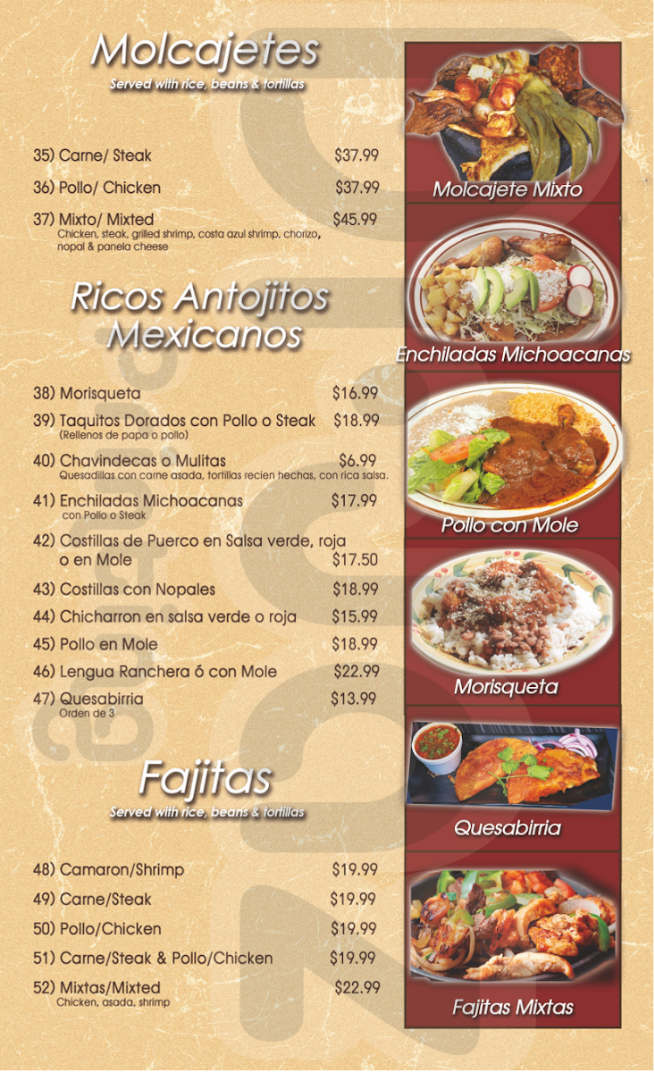 Chilaquiles Mexican and Seafood Restaurant menu board