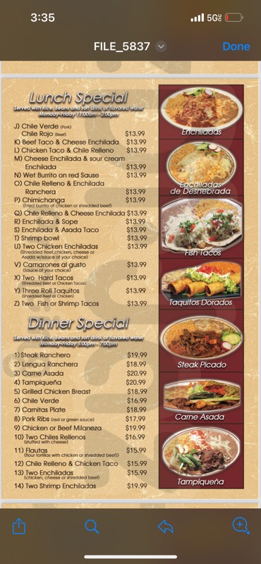 Chilaquiles Mexican and Seafood Restaurant menu board