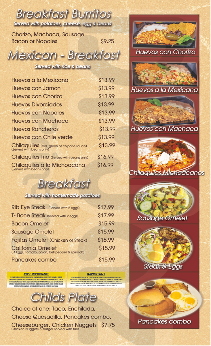 Chilaquiles Mexican and Seafood Restaurant menu board