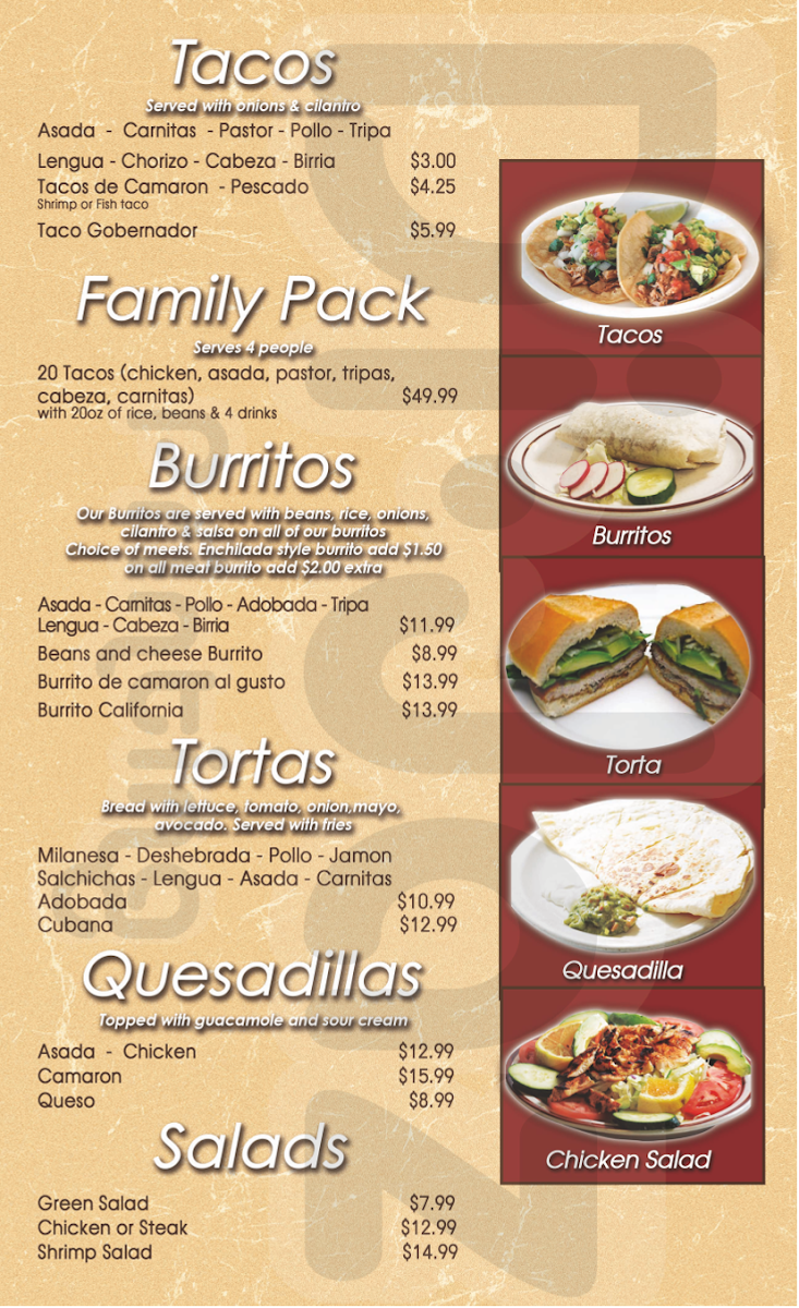 Chilaquiles Mexican and Seafood Restaurant menu board