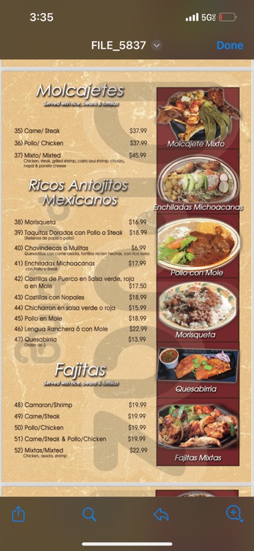 Chilaquiles Mexican and Seafood Restaurant menu board