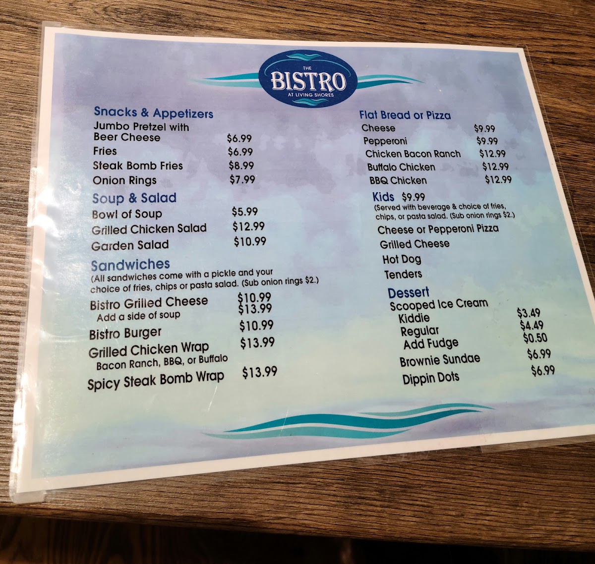 The Bistro at Living Shores menu board