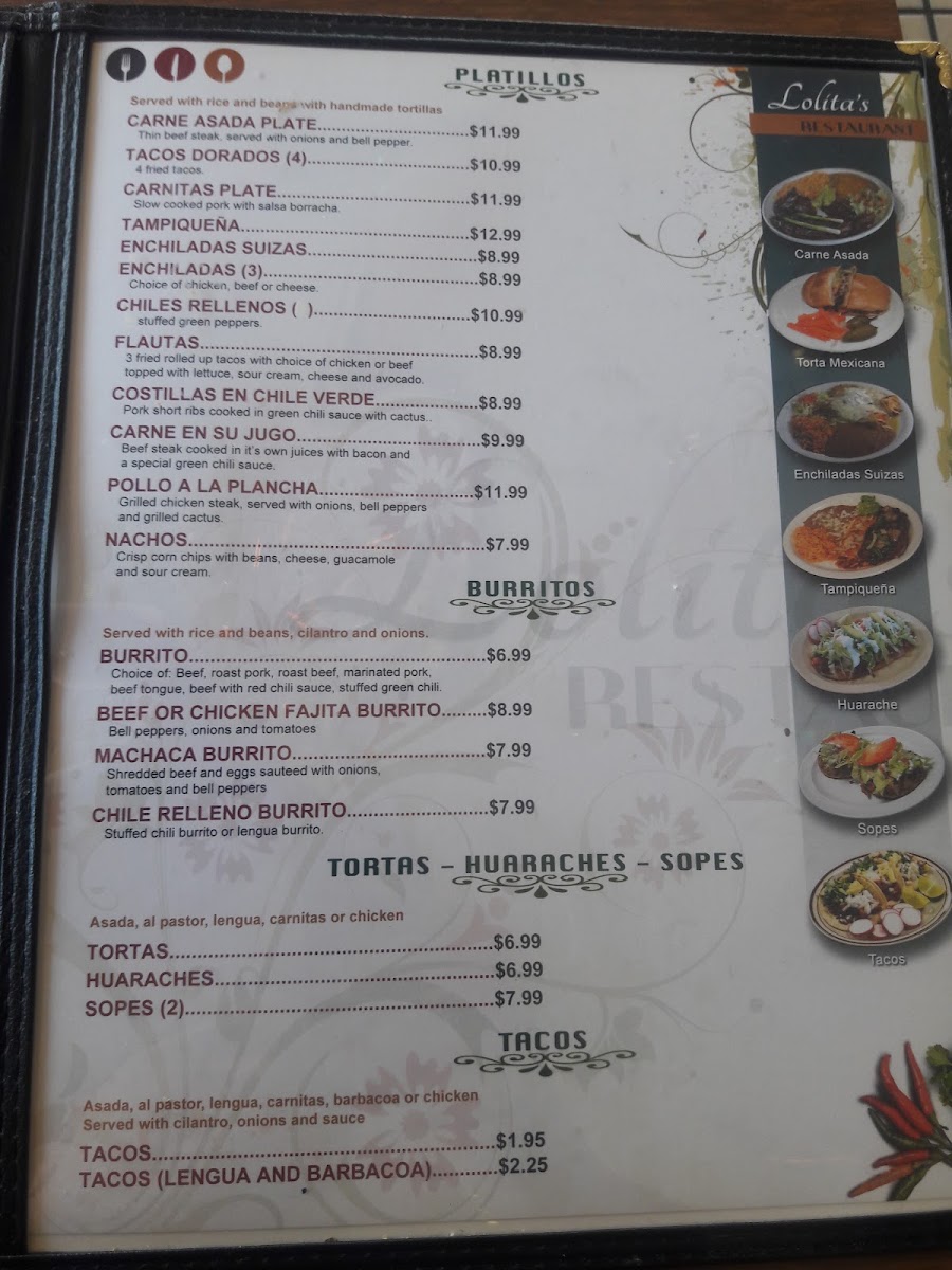 Lolitas Restaurant. menu board