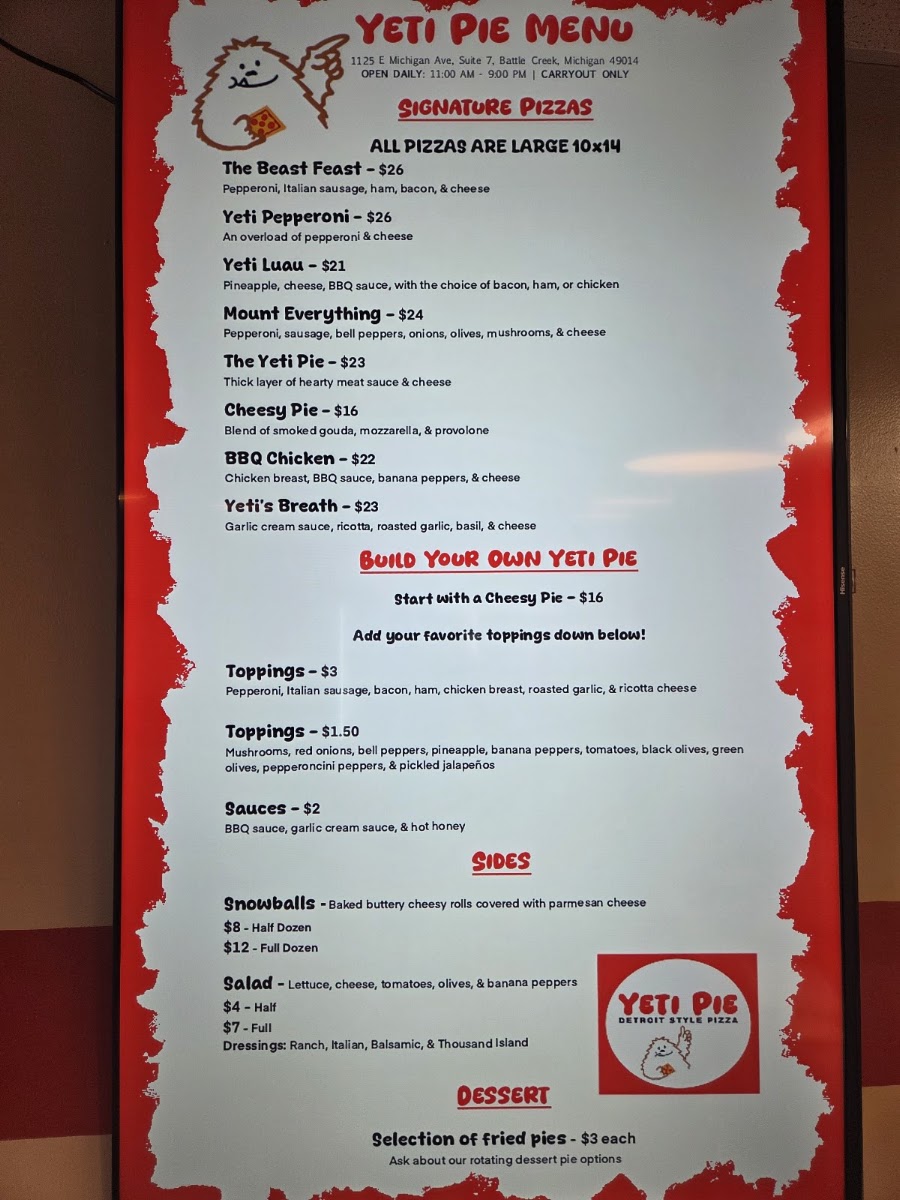 Yeti Pie Pizza menu board