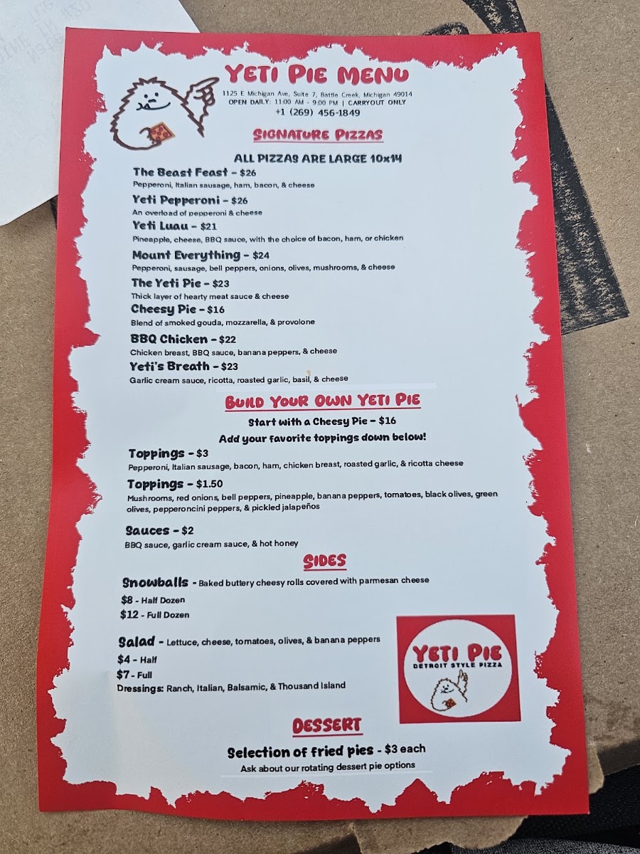 Yeti Pie Pizza menu board