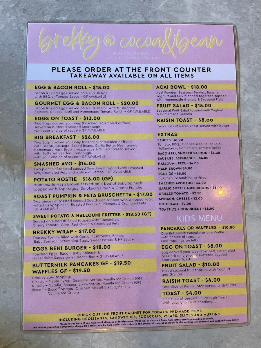 Cocoa & Bean menu board