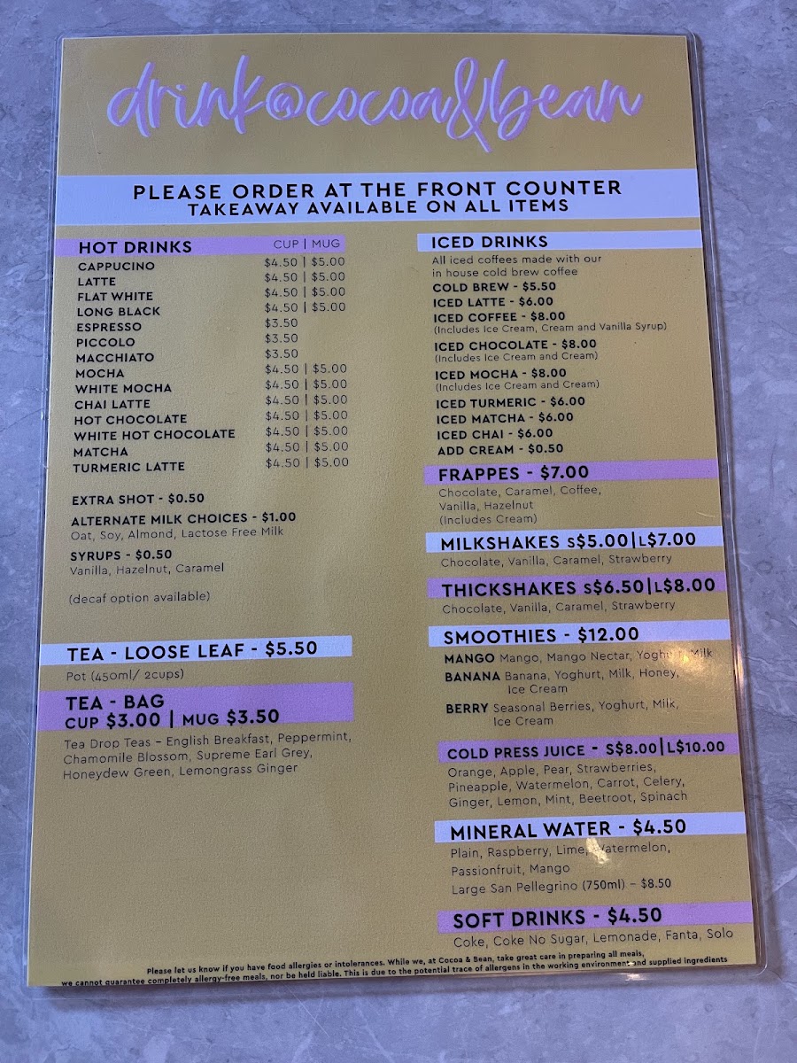 Cocoa & Bean menu board