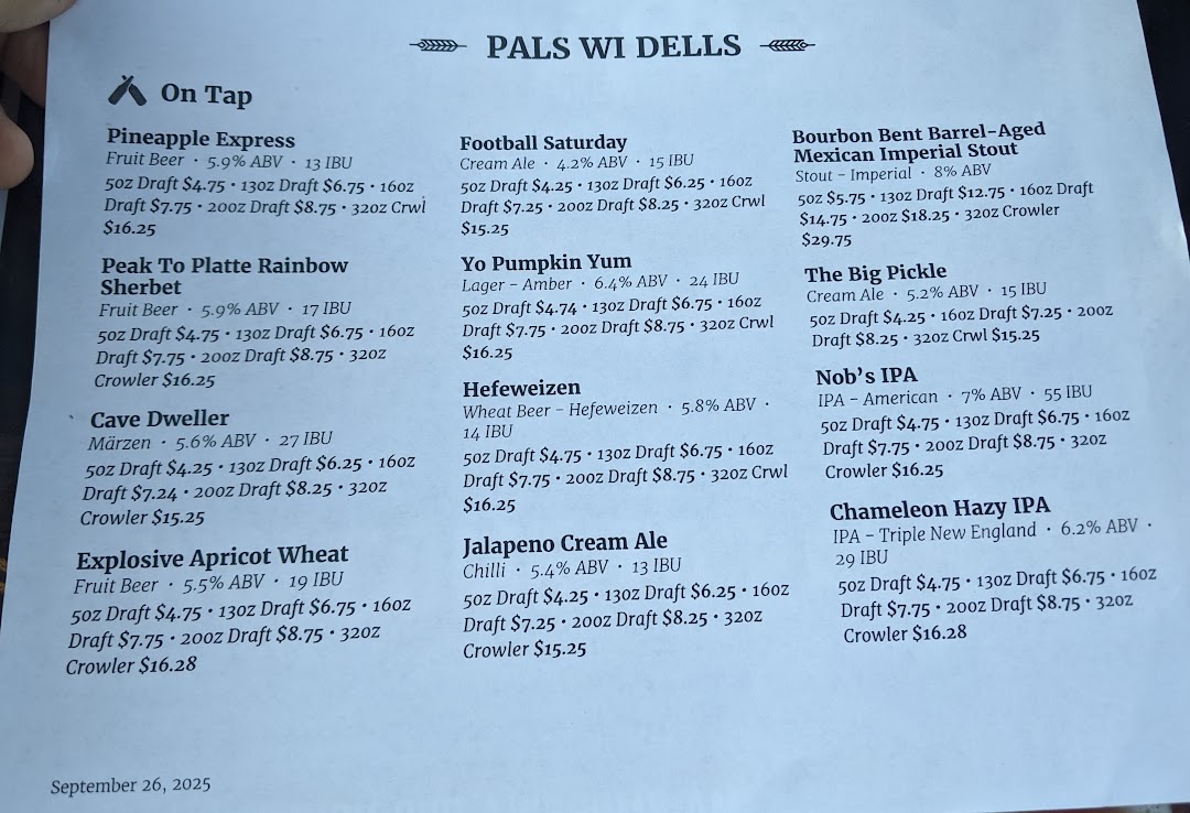 Pals Brewing Company Wisconsin Dells menu board