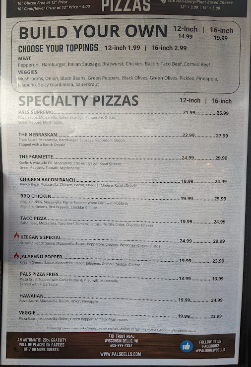 Pals Brewing Company Wisconsin Dells menu board