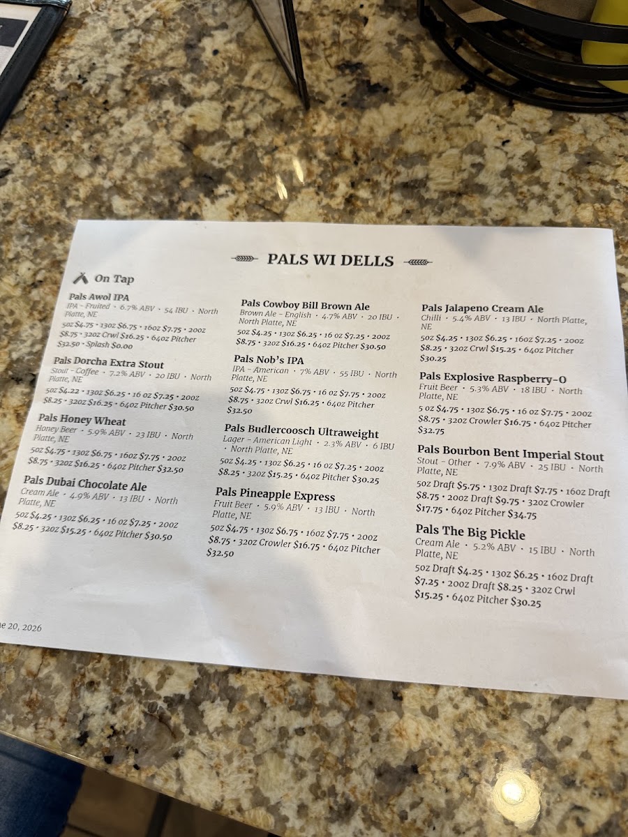 Pals Brewing Company Wisconsin Dells menu board