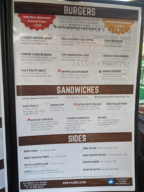 Pals Brewing Company Wisconsin Dells menu board