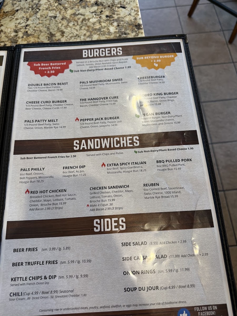 Pals Brewing Company Wisconsin Dells menu board