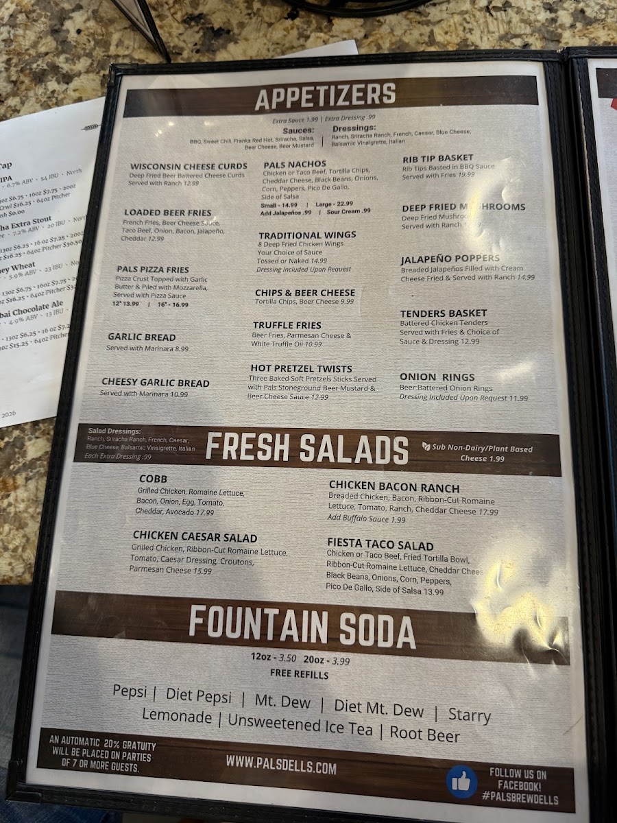 Pals Brewing Company Wisconsin Dells menu board