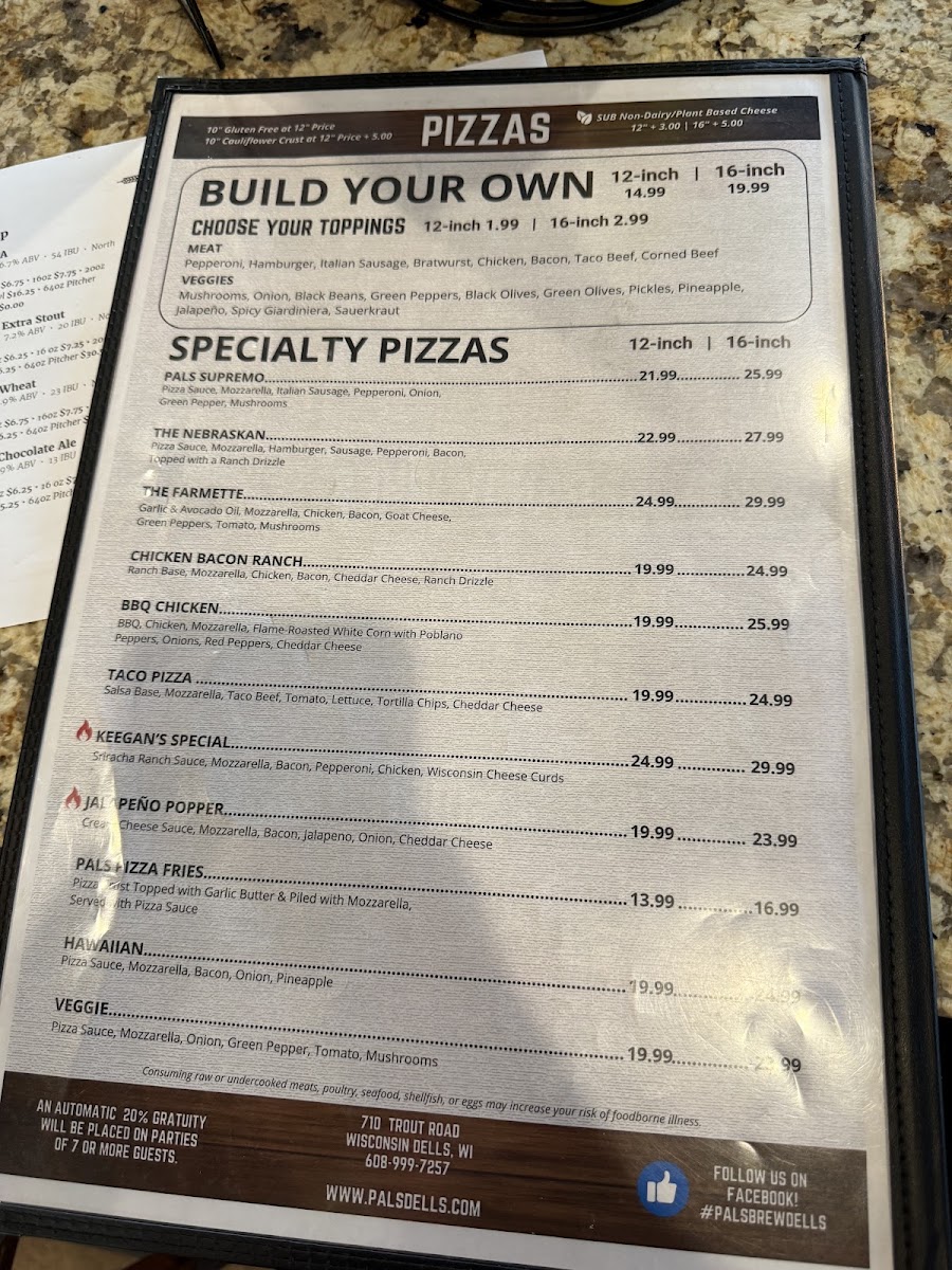 Pals Brewing Company Wisconsin Dells menu board