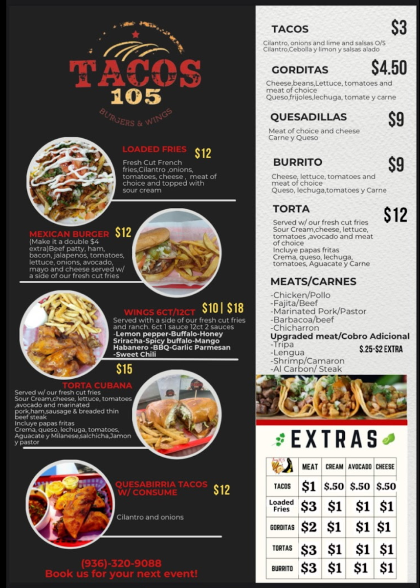 Tacos 105 menu board