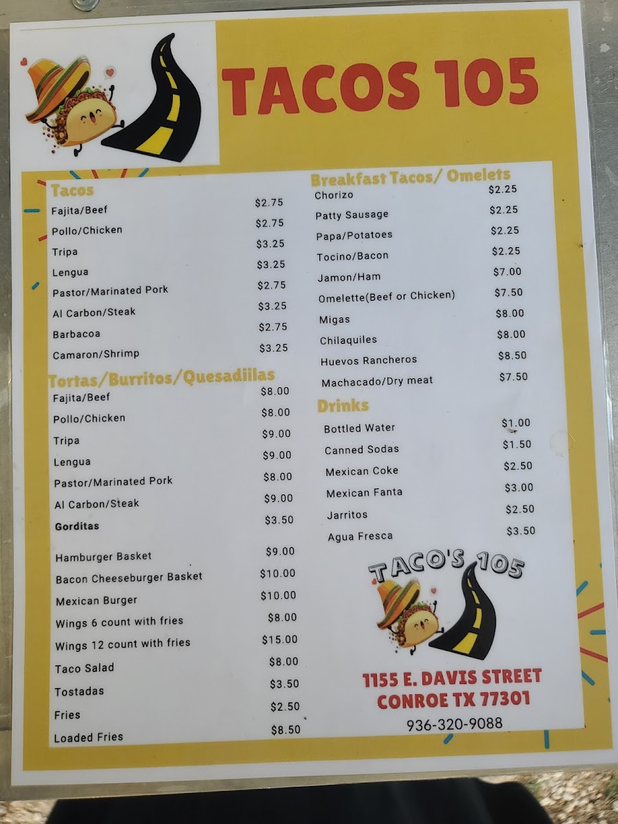 Tacos 105 menu board