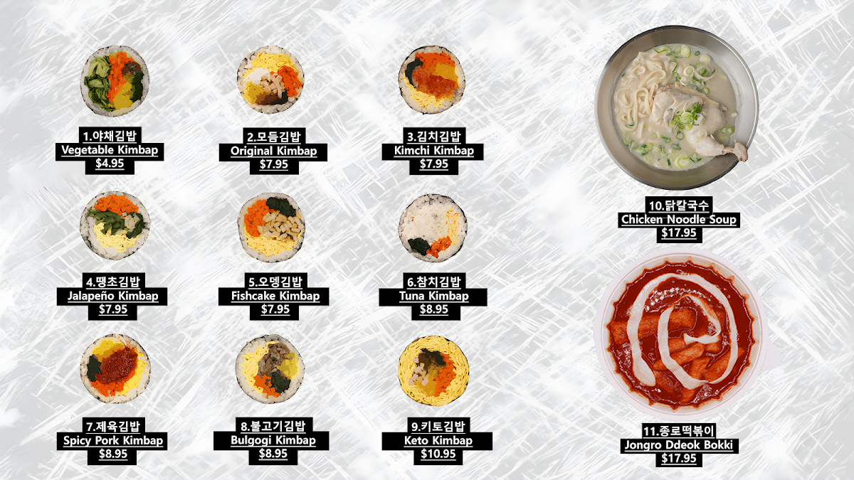 Jongro Kimbap 종로김밥 menu board