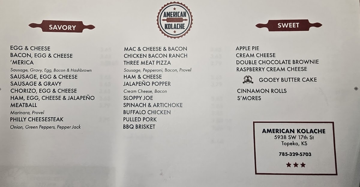 American Kolache - Topeka, KS menu board