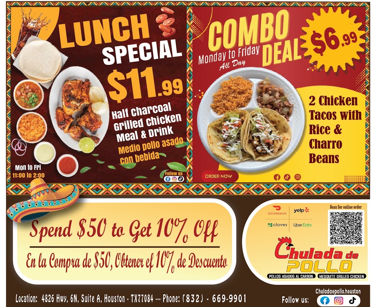 Chulada De Pollo menu board