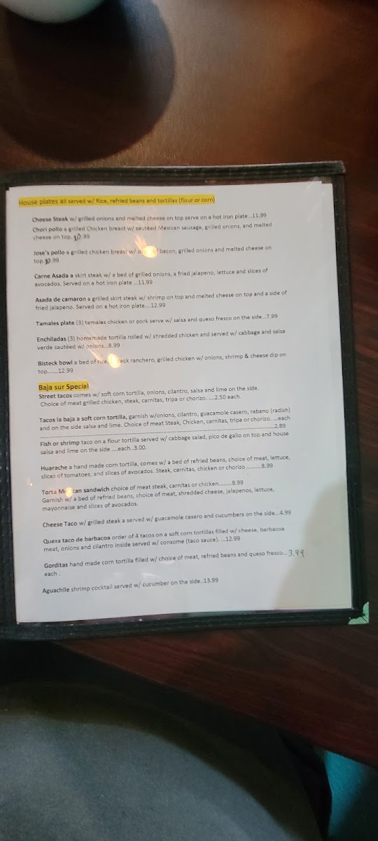 Baja Sur Restaurant | Mexican menu board