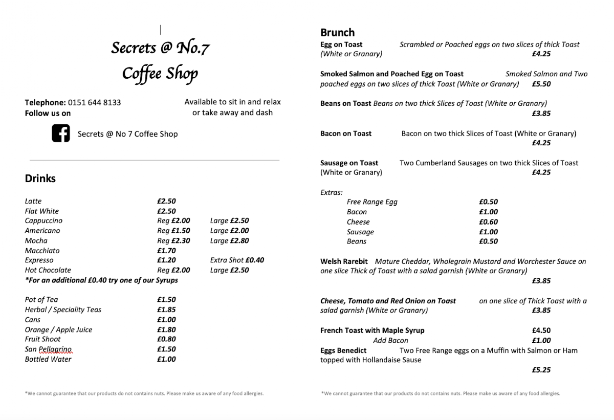 Secrets@No7 Coffee Shop menu board