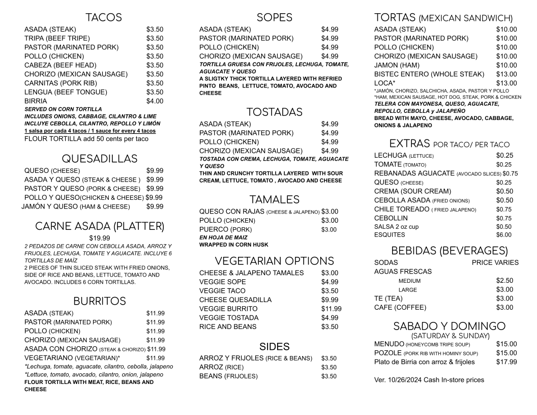 El Charro Mexican Store menu board