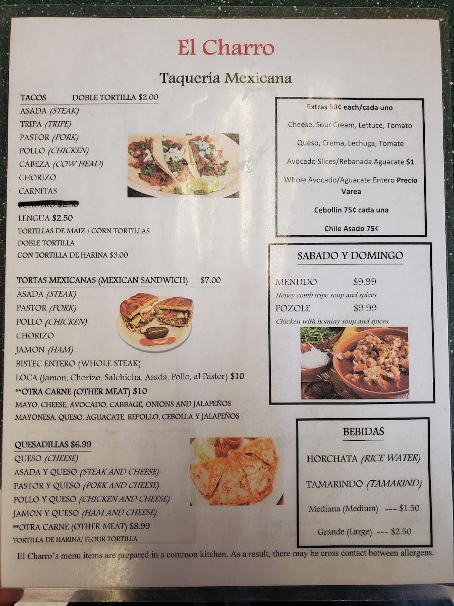 El Charro Mexican Store menu board