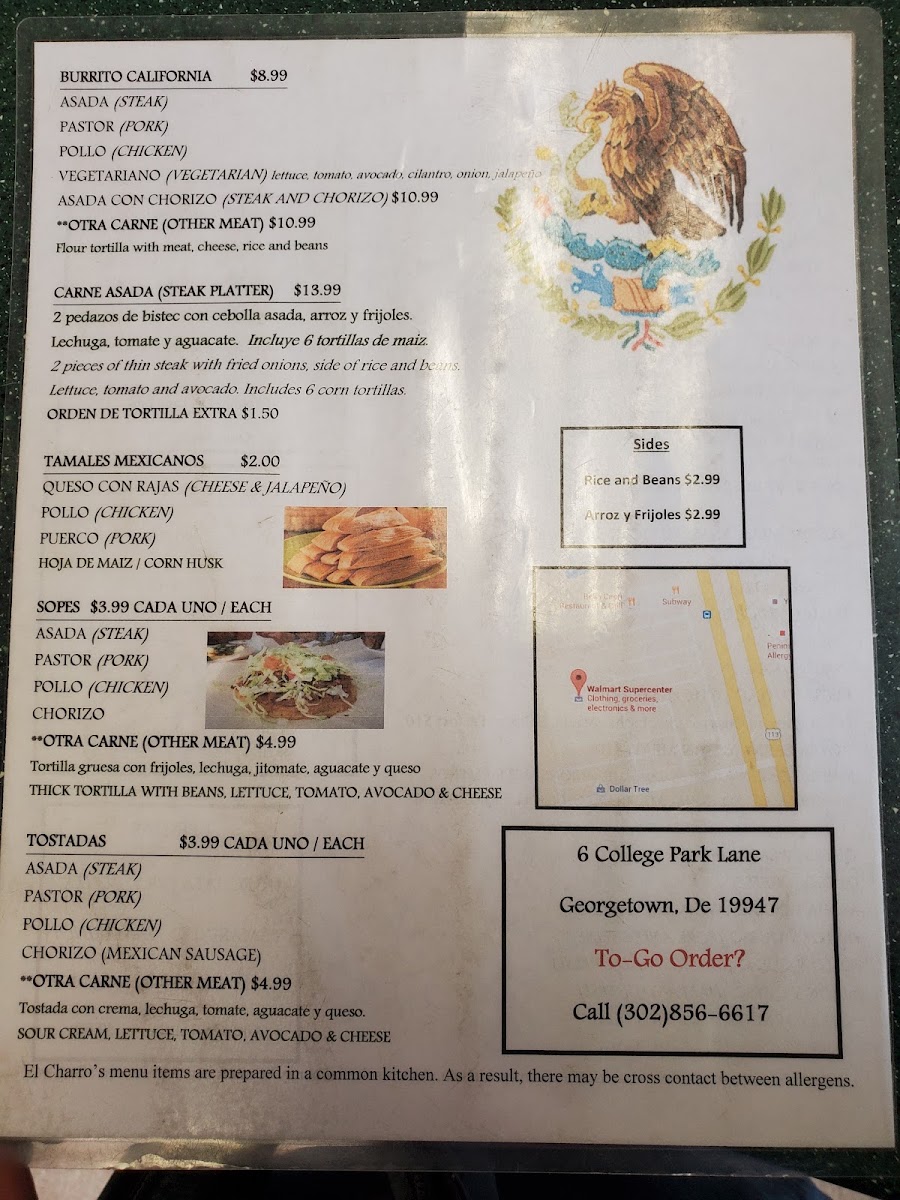 El Charro Mexican Store menu board