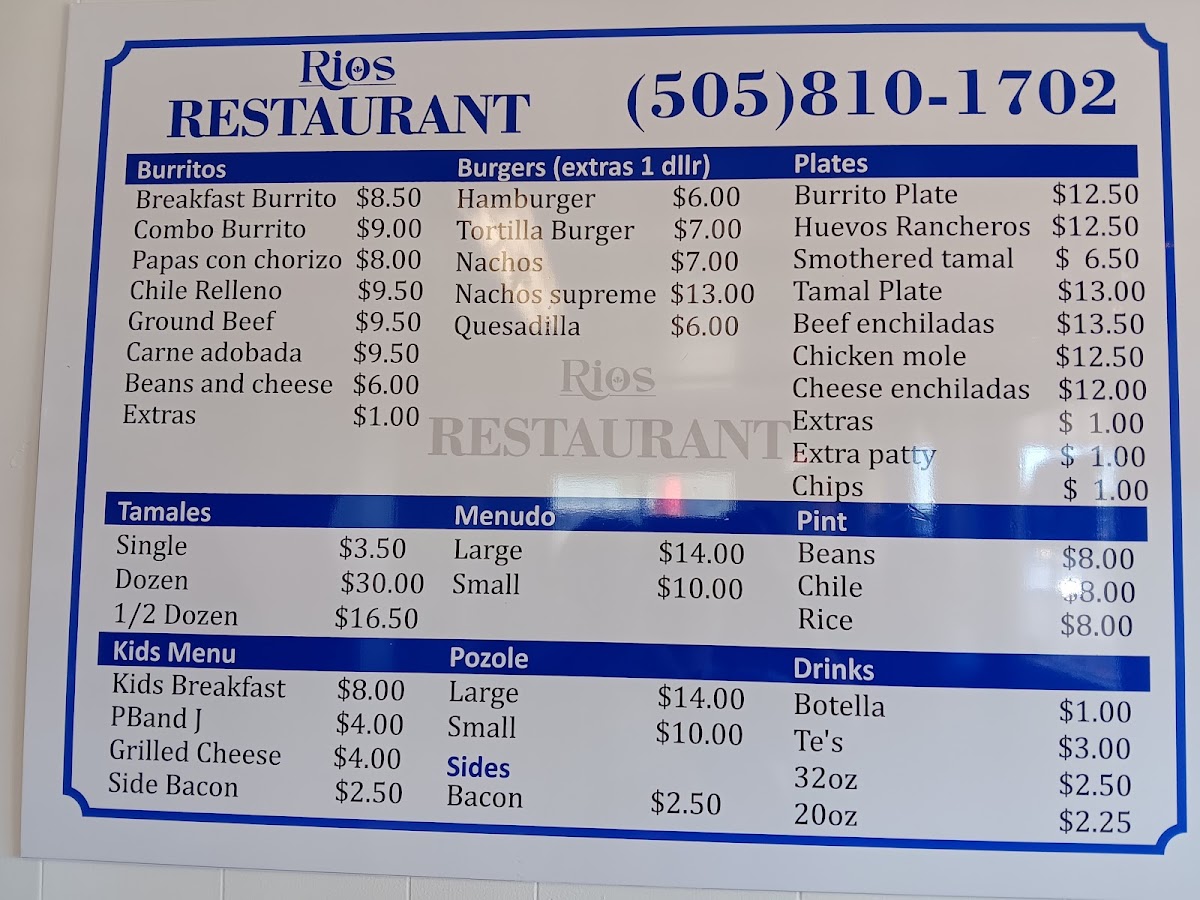 Rios Restaurant & Café menu board